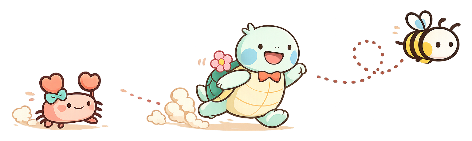 蜂を大阪大学大学祭中央実行委員会のキャラクター「まちかめ」と「まちかに」が追いかけているイラスト